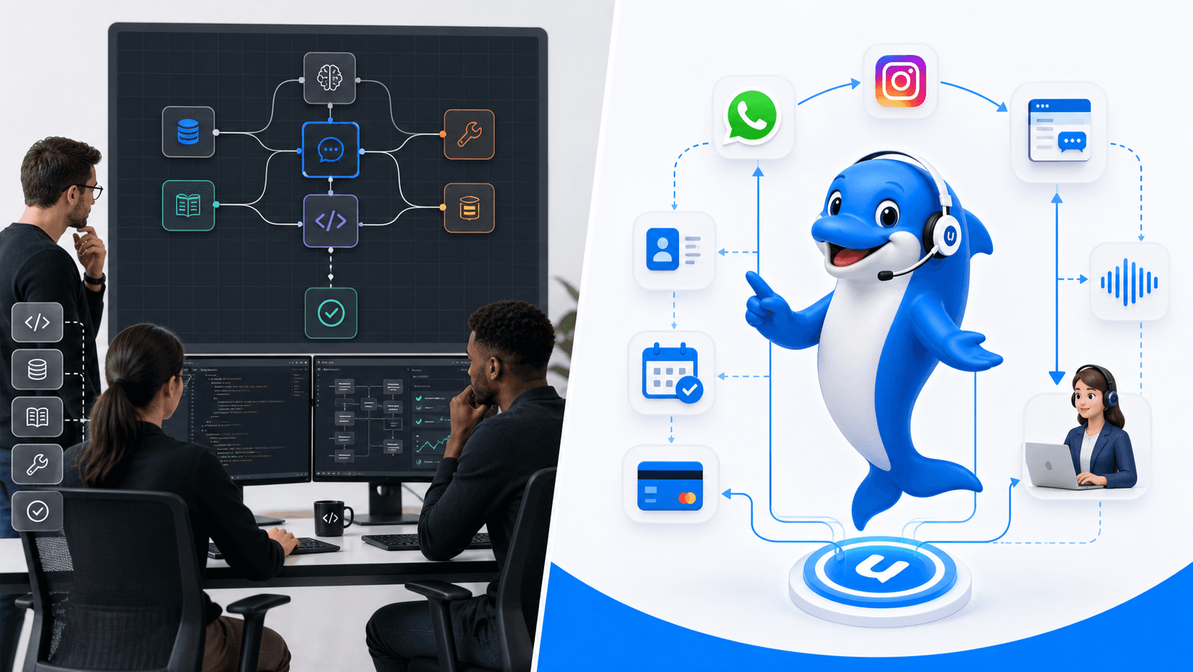Developer engineering an AI Agent and an operations team deploying a customer journey